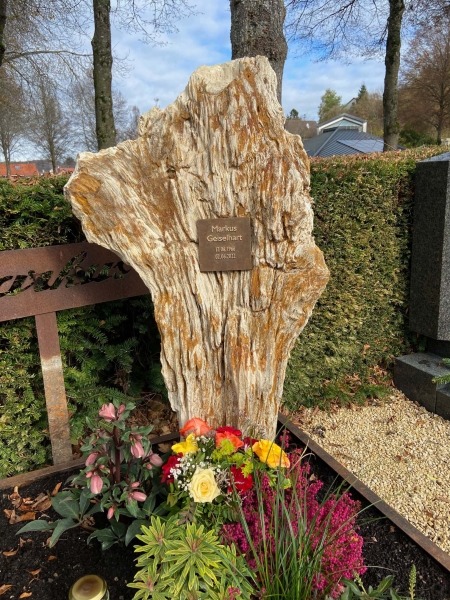 Grabstein aus Versteinertem Holz mit Bronzetafel